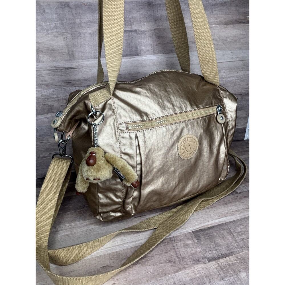 KIPLING metallic Gold large shopper, weekender,gym tote bag With Charm